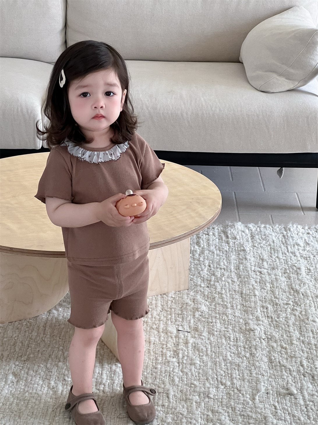 半袖セットアップ フリル襟半袖Tシャツ+ショートレギンス/レースエプロンスカート【mh0009908】