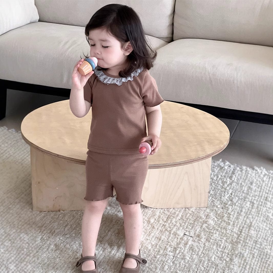 半袖セットアップ フリル襟半袖Tシャツ+ショートレギンス/レースエプロンスカート【mh0009908】