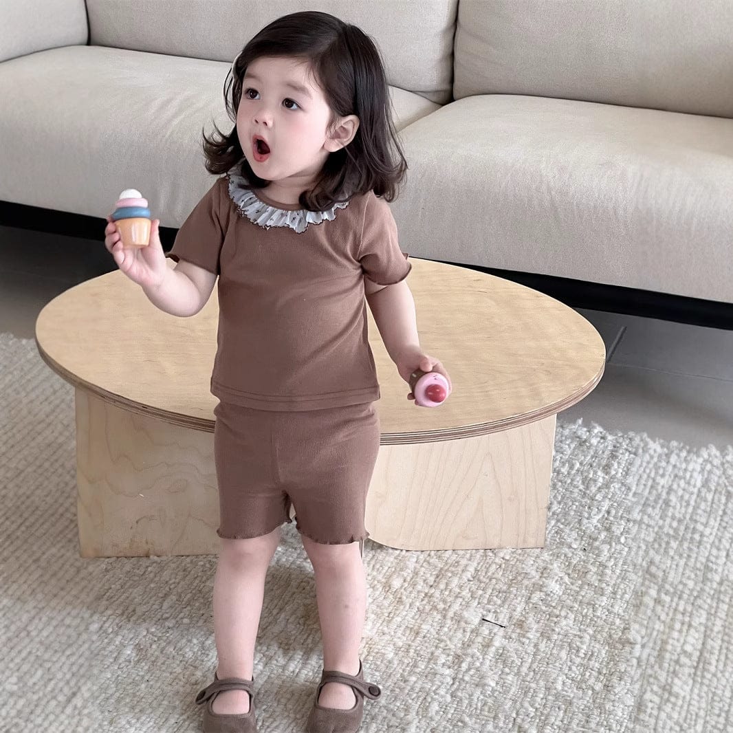 半袖セットアップ フリル襟半袖Tシャツ+ショートレギンス/レースエプロンスカート【mh0009908】