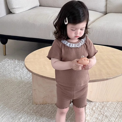 半袖セットアップ フリル襟半袖Tシャツ+ショートレギンス/レースエプロンスカート【mh0009908】