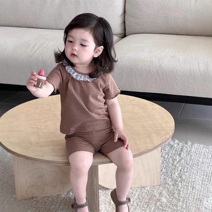 半袖セットアップ フリル襟半袖Tシャツ+ショートレギンス/レースエプロンスカート【mh0009908】