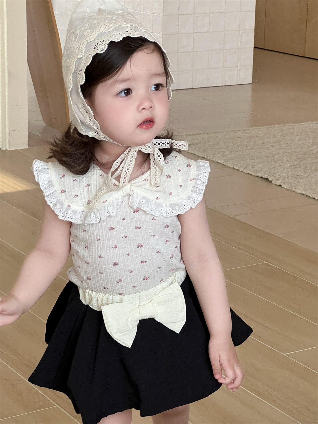 ノースリーブセットアップ ビッグ襟ノースリーブTシャツ/ビッグリボンスカート【mh0009909】