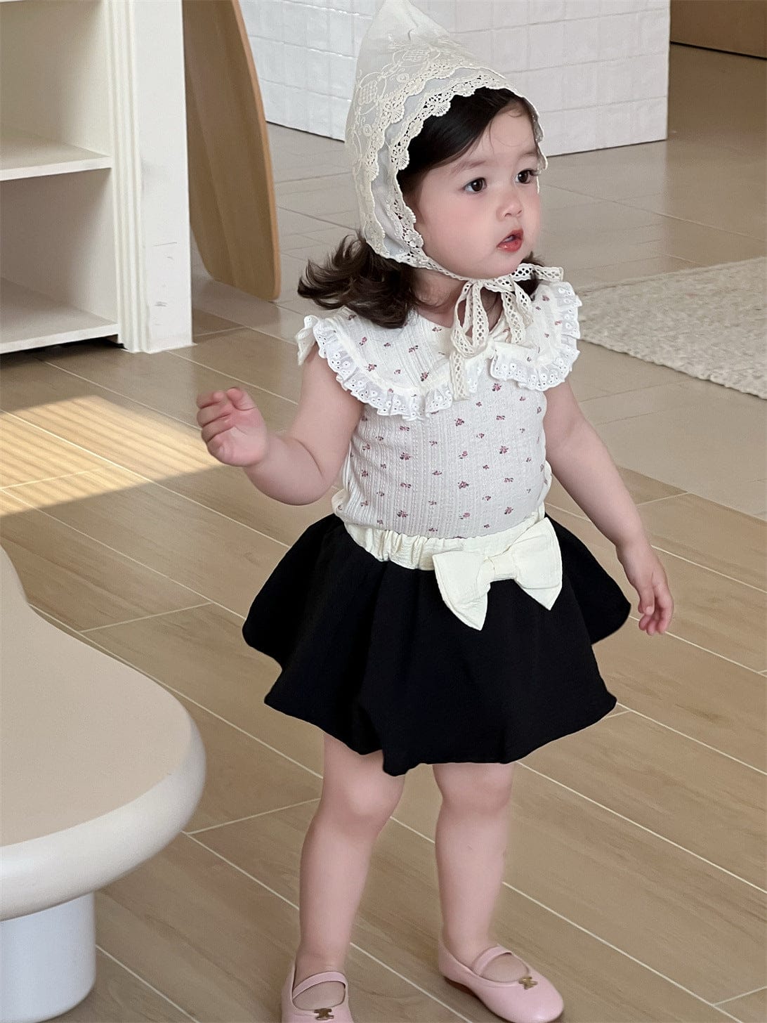 ノースリーブセットアップ ビッグ襟ノースリーブTシャツ/ビッグリボンスカート【mh0009909】