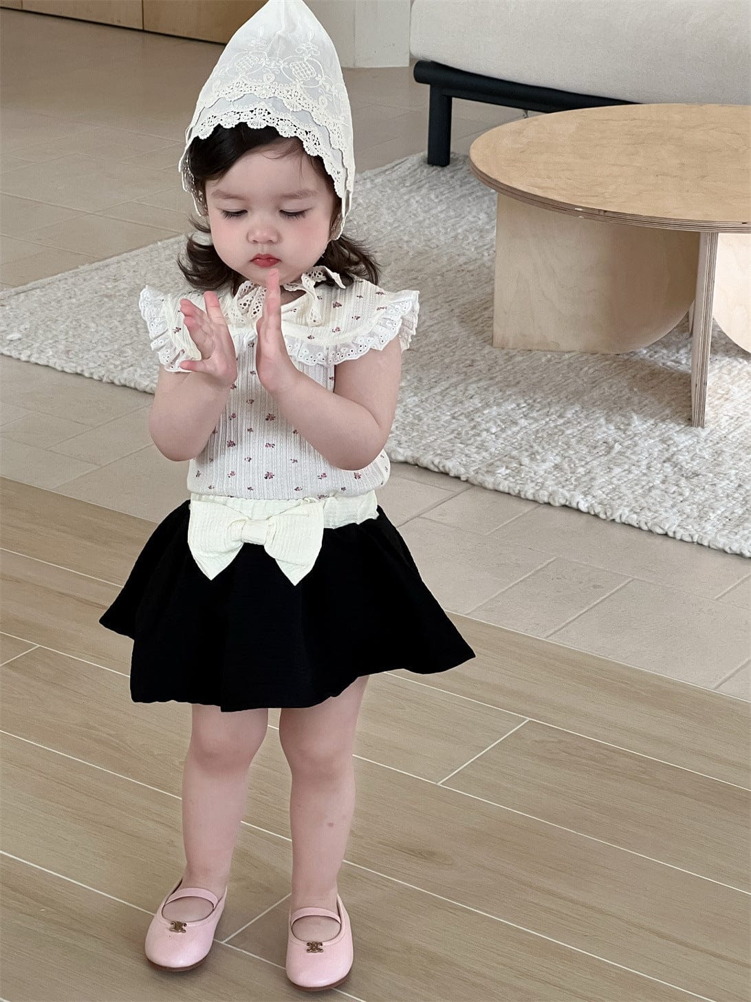 ノースリーブセットアップ ビッグ襟ノースリーブTシャツ/ビッグリボンスカート【mh0009909】