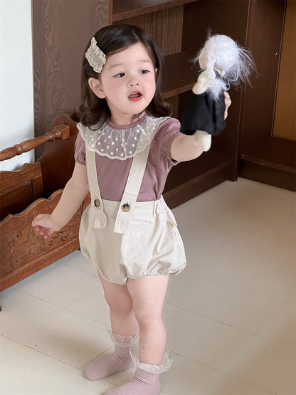半袖セットアップ レースラッフル襟半袖Tシャツ/サスペンダーブルマパンツ【mh0009914】