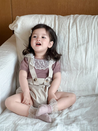 半袖セットアップ レースラッフル襟半袖Tシャツ/サスペンダーブルマパンツ【mh0009914】