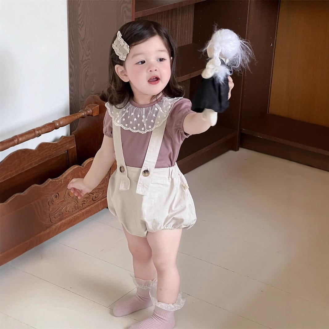 半袖セットアップ レースラッフル襟半袖Tシャツ/サスペンダーブルマパンツ【mh0009914】