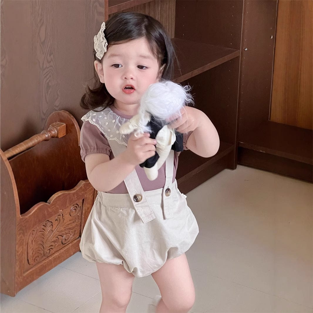 半袖セットアップ レースラッフル襟半袖Tシャツ/サスペンダーブルマパンツ【mh0009914】