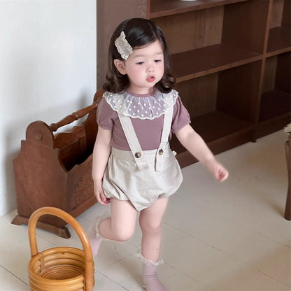 半袖セットアップ レースラッフル襟半袖Tシャツ/サスペンダーブルマパンツ【mh0009914】