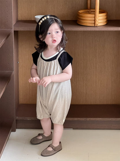 半袖セットアップ バイピング半袖Tシャツ/シンプルキャミソールジャンプスーツ【mh0009919】