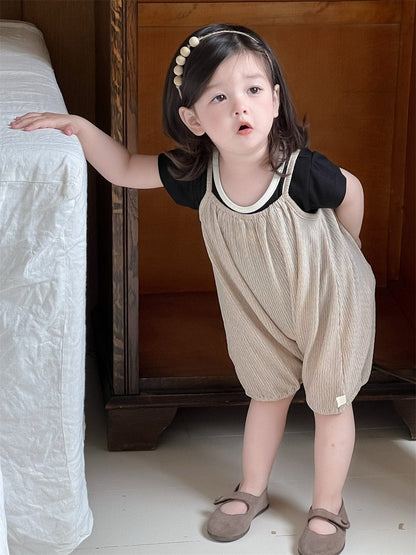 半袖セットアップ バイピング半袖Tシャツ/シンプルキャミソールジャンプスーツ【mh0009919】