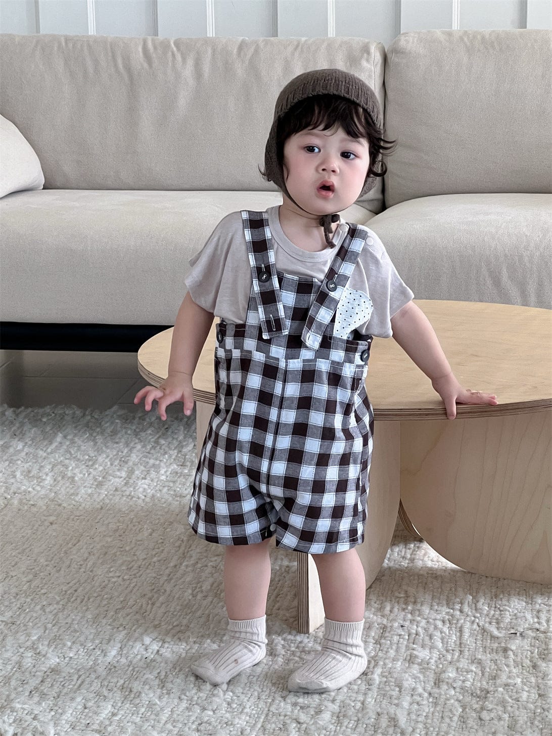 半袖セットアップ 半袖Tシャツ/ブロックチェックサスペンダーパンツサロペット【mh0009925】