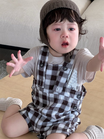 半袖セットアップ 半袖Tシャツ/ブロックチェックサスペンダーパンツサロペット【mh0009925】