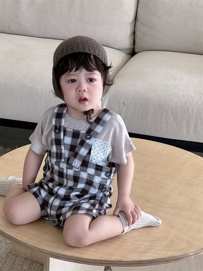 半袖セットアップ 半袖Tシャツ/ブロックチェックサスペンダーパンツサロペット【mh0009925】