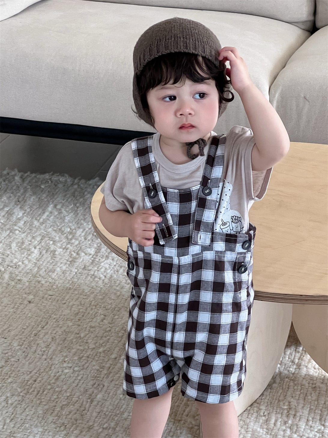 半袖セットアップ 半袖Tシャツ/ブロックチェックサスペンダーパンツサロペット【mh0009925】