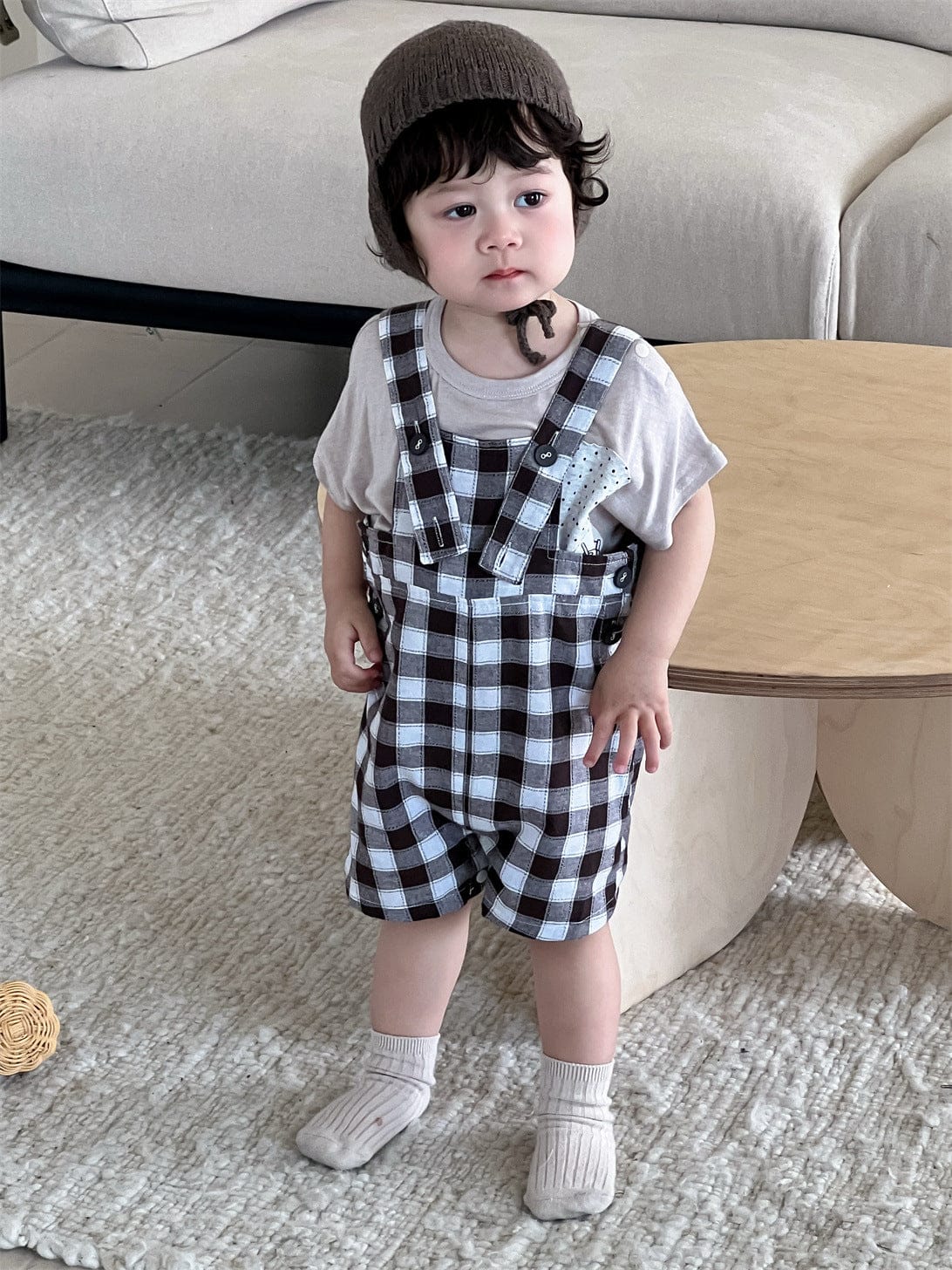 半袖セットアップ 半袖Tシャツ/ブロックチェックサスペンダーパンツサロペット【mh0009925】