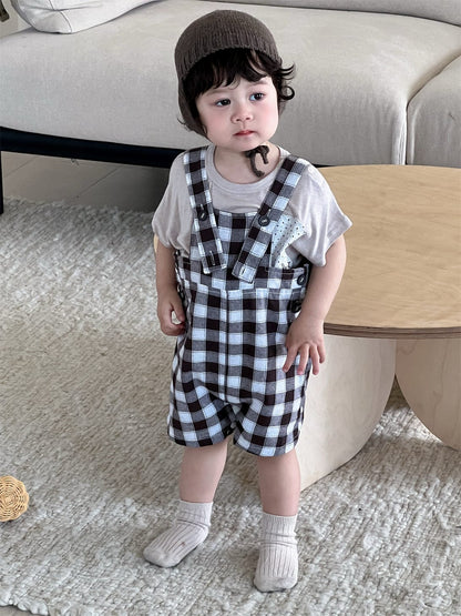 半袖セットアップ 半袖Tシャツ/ブロックチェックサスペンダーパンツサロペット【mh0009925】