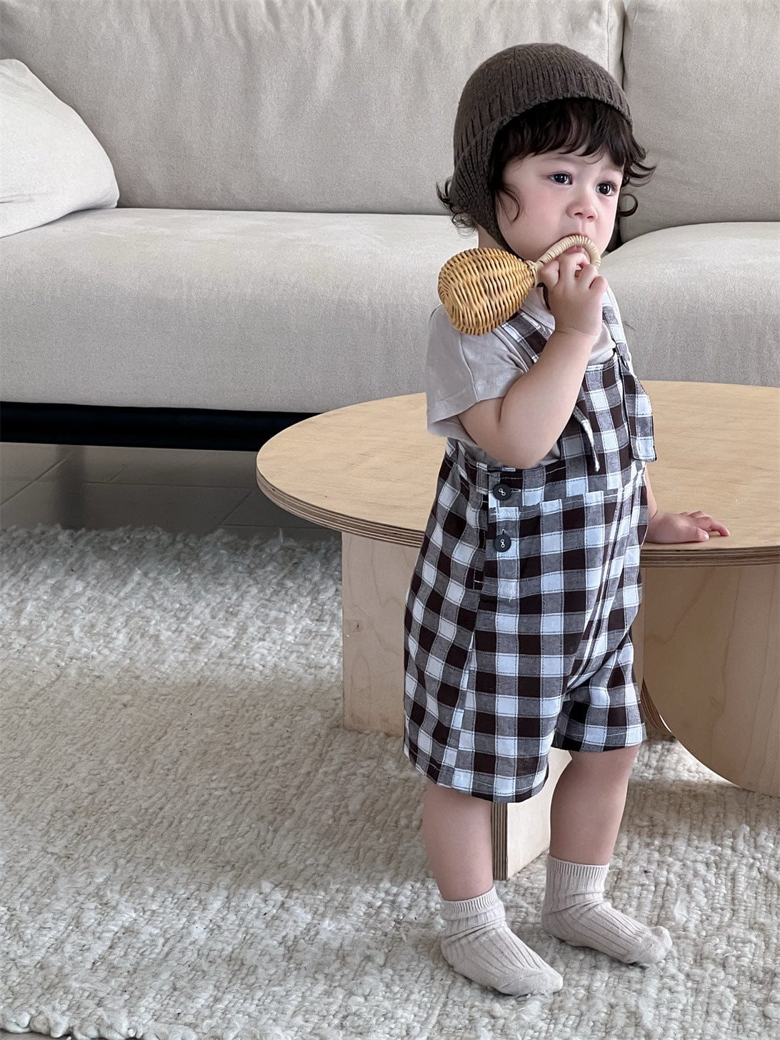 半袖セットアップ 半袖Tシャツ/ブロックチェックサスペンダーパンツサロペット【mh0009925】