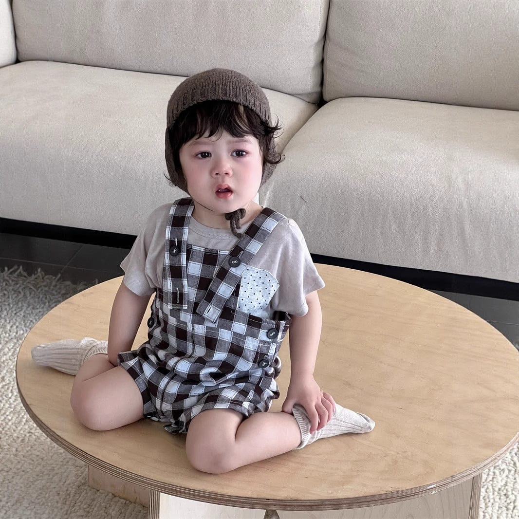 半袖セットアップ 半袖Tシャツ/ブロックチェックサスペンダーパンツサロペット【mh0009925】