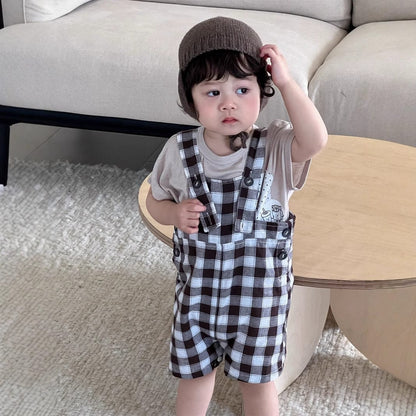 半袖セットアップ 半袖Tシャツ/ブロックチェックサスペンダーパンツサロペット【mh0009925】