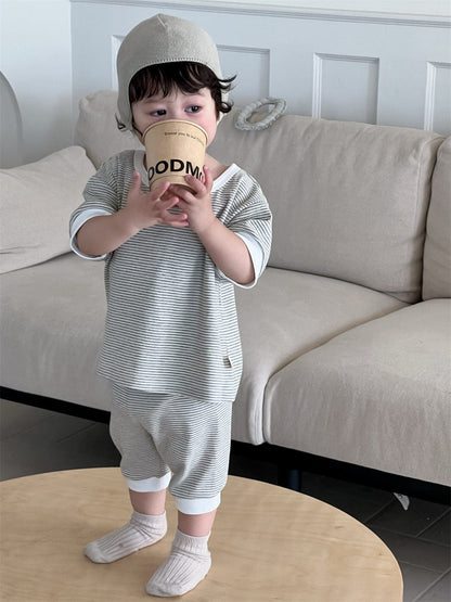 半袖セットアップ ボーダーバイピング半袖Tシャツ+ルーズハーフパンツ【mh0009930】