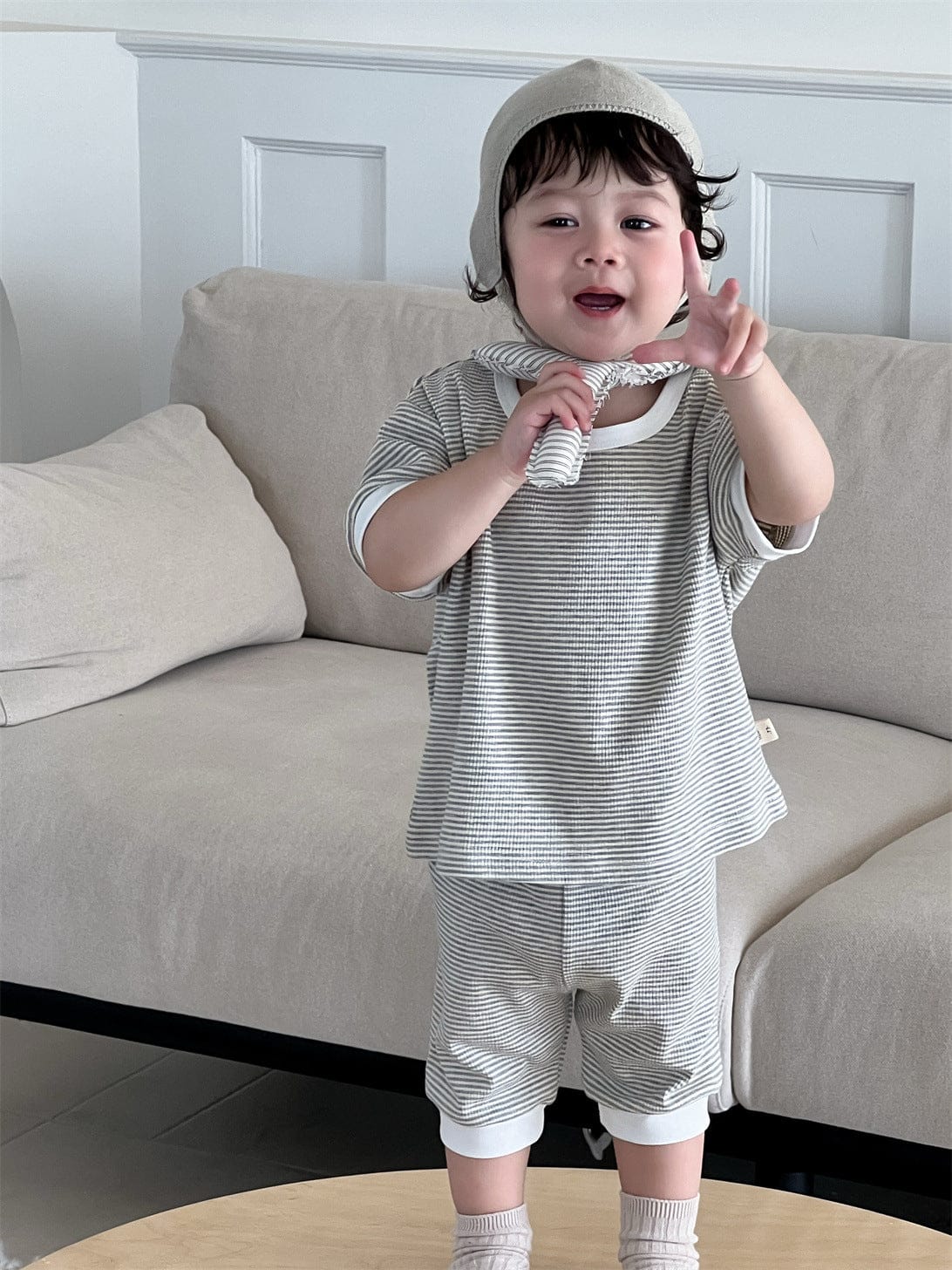 半袖セットアップ ボーダーバイピング半袖Tシャツ+ルーズハーフパンツ【mh0009930】