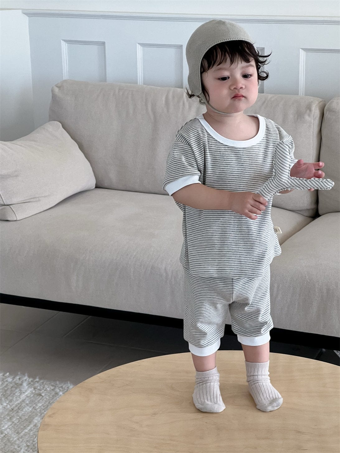 半袖セットアップ ボーダーバイピング半袖Tシャツ+ルーズハーフパンツ【mh0009930】