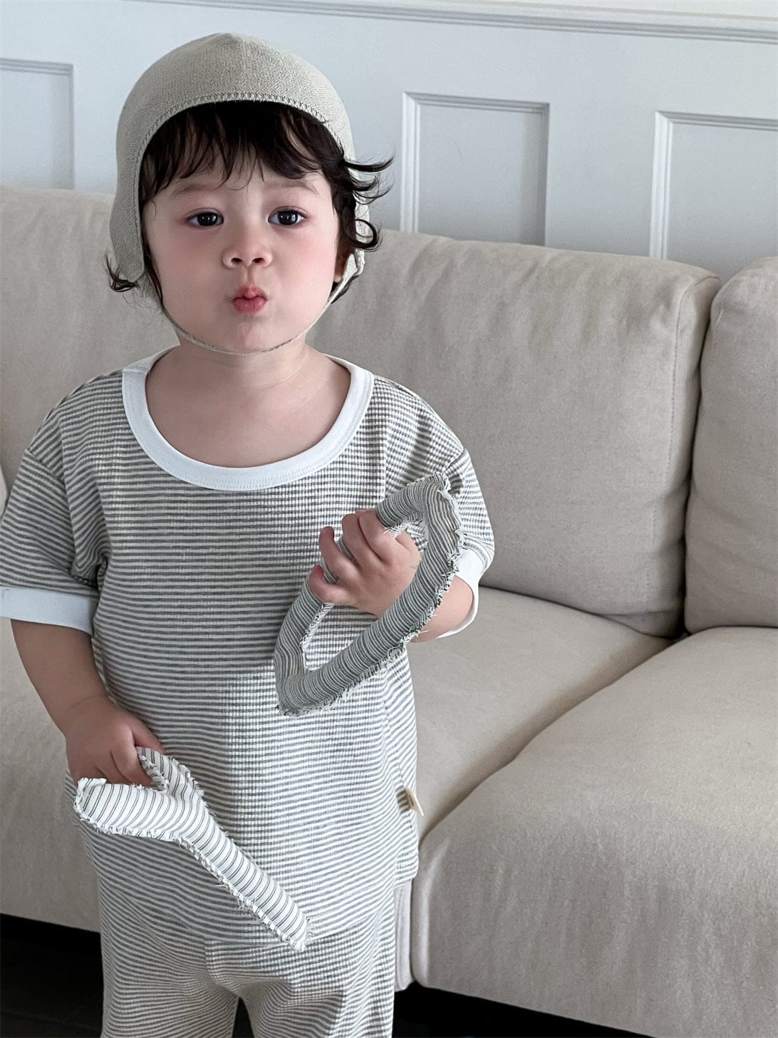 半袖セットアップ ボーダーバイピング半袖Tシャツ+ルーズハーフパンツ【mh0009930】