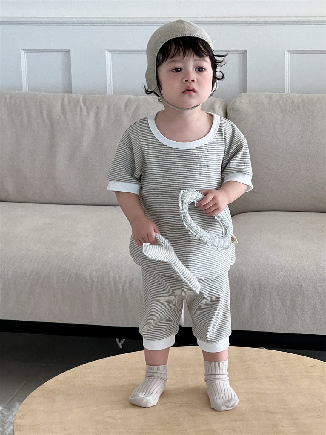 半袖セットアップ ボーダーバイピング半袖Tシャツ+ルーズハーフパンツ【mh0009930】