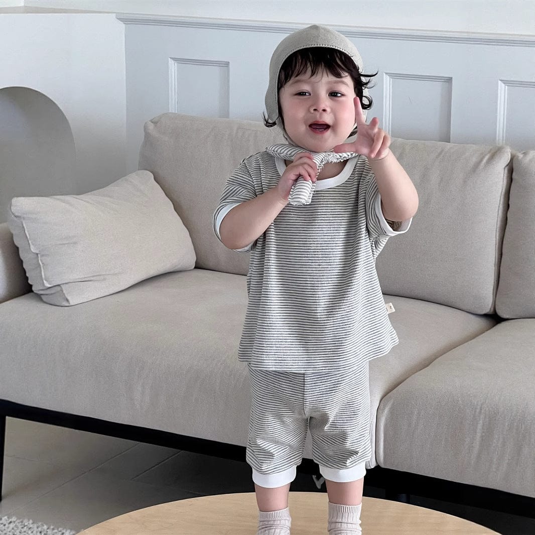 半袖セットアップ ボーダーバイピング半袖Tシャツ+ルーズハーフパンツ【mh0009930】