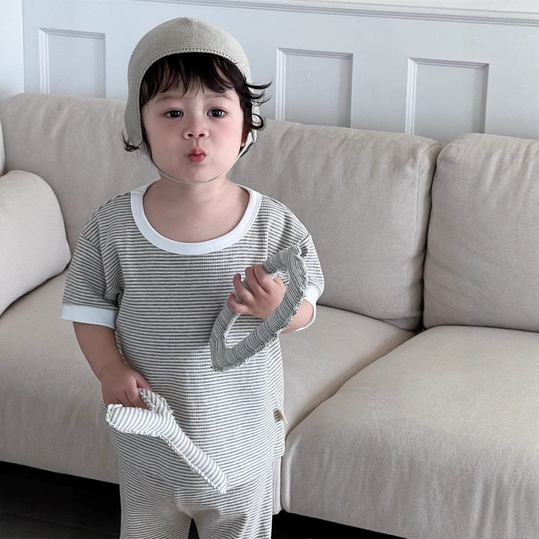 半袖セットアップ ボーダーバイピング半袖Tシャツ+ルーズハーフパンツ【mh0009930】