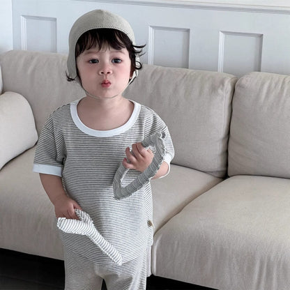 半袖セットアップ ボーダーバイピング半袖Tシャツ+ルーズハーフパンツ【mh0009930】