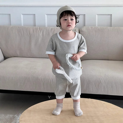 半袖セットアップ ボーダーバイピング半袖Tシャツ+ルーズハーフパンツ【mh0009930】