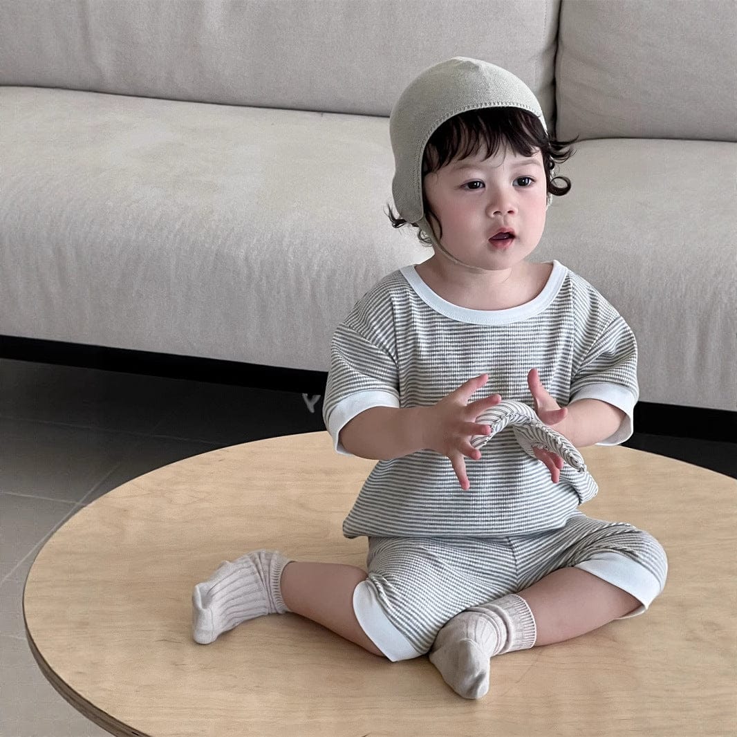 半袖セットアップ ボーダーバイピング半袖Tシャツ+ルーズハーフパンツ【mh0009930】