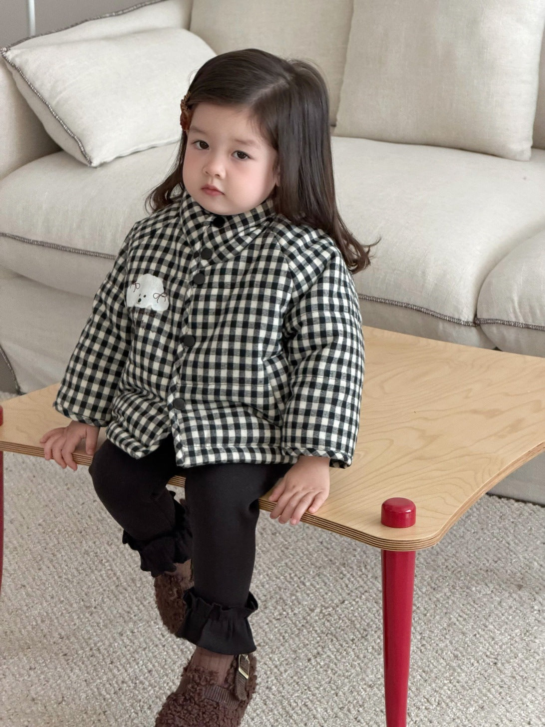 長袖セットアップ チェック中綿ジャケット/長袖フリースTシャツ/フリルレギンスパンツ【mh0011933】