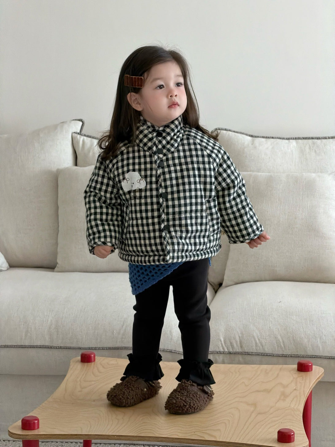 長袖セットアップ チェック中綿ジャケット/長袖フリースTシャツ/フリルレギンスパンツ【mh0011933】