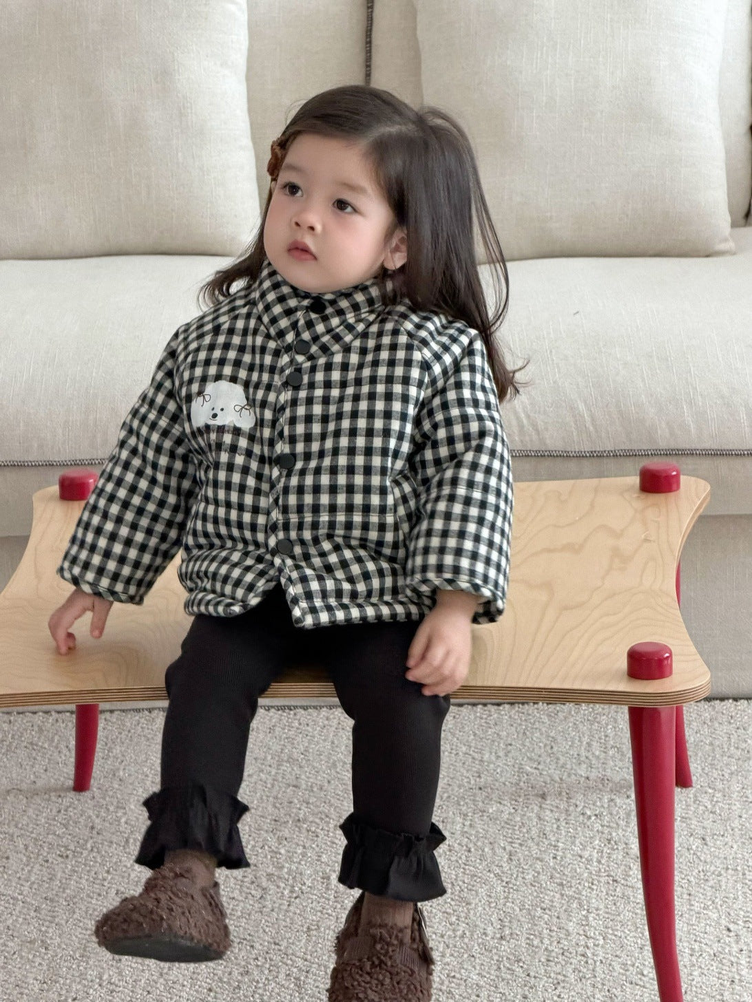 長袖セットアップ チェック中綿ジャケット/長袖フリースTシャツ/フリルレギンスパンツ【mh0011933】