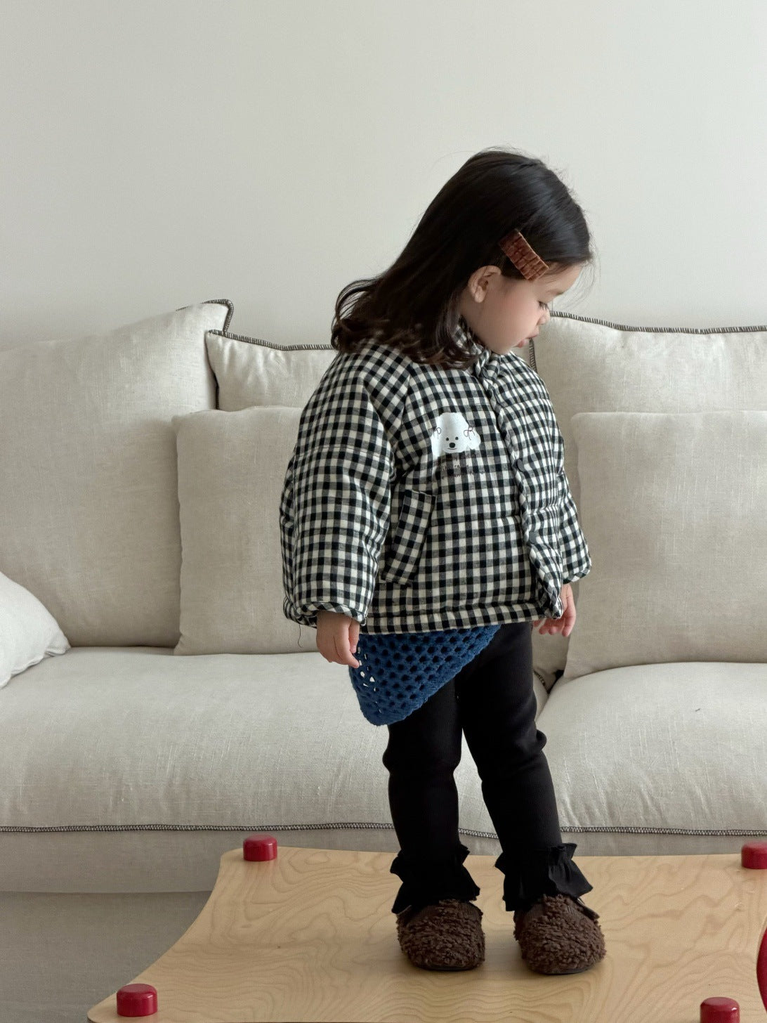 長袖セットアップ チェック中綿ジャケット/長袖フリースTシャツ/フリルレギンスパンツ【mh0011933】