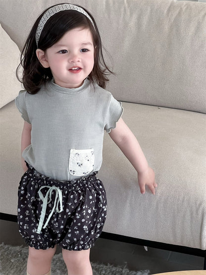 半袖セットアップ T-shirt / 73cm ポケットパッチワーク半袖Tシャツ/フラワープリントバルーンショートパンツ【mh0009897】