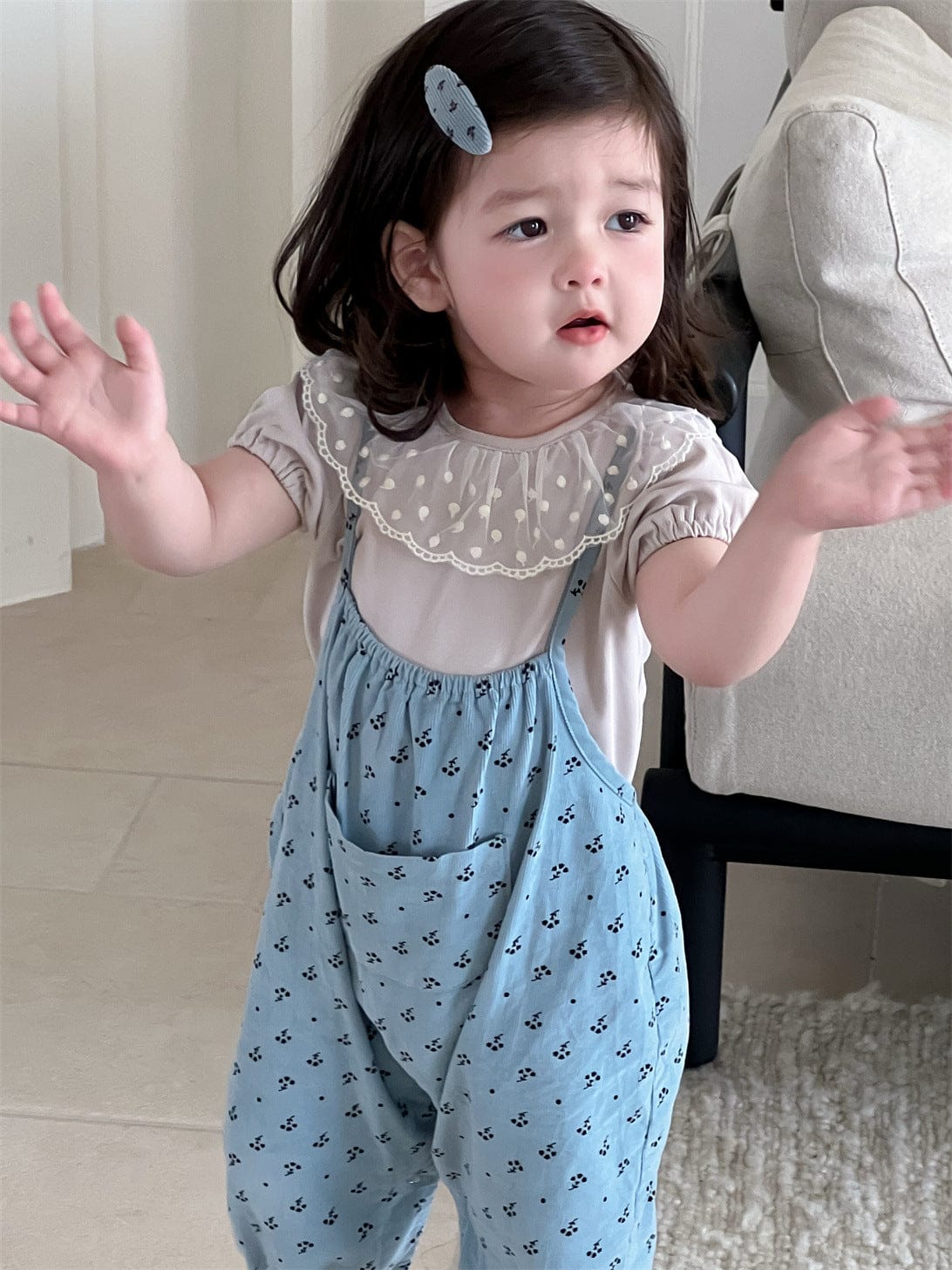 半袖セットアップ T-shirt / 73cm レースラッフル襟半袖Tシャツ/フラワー小花柄プリントキャミソールジャンプスーツ【mh0009902】