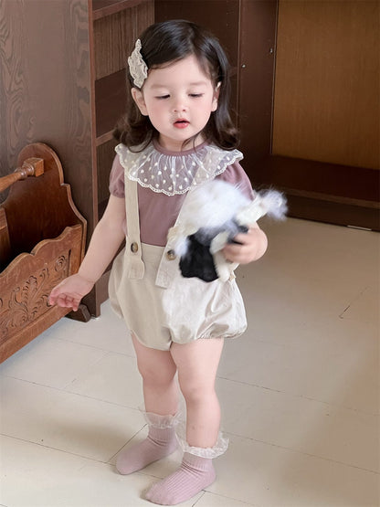 半袖セットアップ T-shirt / 73cm レースラッフル襟半袖Tシャツ/サスペンダーブルマパンツ【mh0009914】