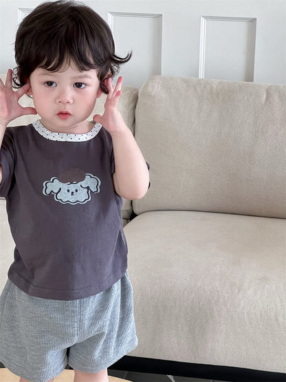 半袖セットアップ T-shirts / 73cm 犬パピープリント半袖Tシャツ/ワッフルショートパンツ【mh0009901】