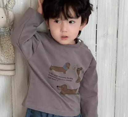 長袖セットアップ t shirts / 9M  73CM ベビートップス 犬ドッグプリント長袖Tシャツ/ルーズロングデニムパンツ【mh0008266】