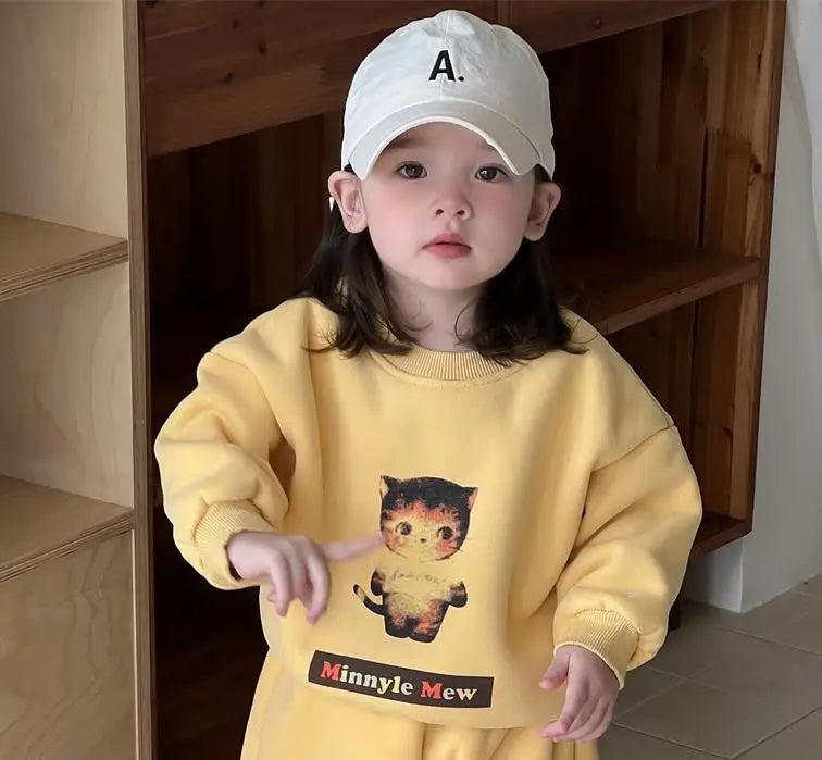 長袖セットアップ tops / 9M  73CM ベビーキッズトップス/パンツ ねこプリント裏フリース長袖スウェットトレーナー/ロングスウェットパンツ【mh0008426】