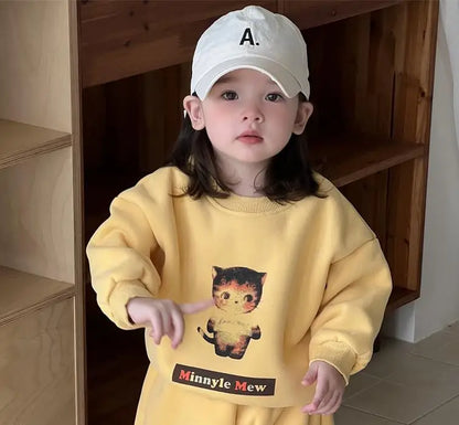 長袖セットアップ tops / 9M  73CM ベビーキッズトップス/パンツ ねこプリント裏フリース長袖スウェットトレーナー/ロングスウェットパンツ【mh0008426】