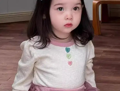 長袖セットアップ tops / 9M  73CM ベビートップス/ブルマ カラフルボタン長袖Tシャツ/チュチュフリルドッキングブルマパンツ【mh0008110】