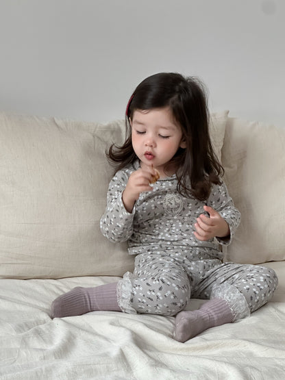 長袖セットアップ Two small flowers / 73cm 長袖パジャマセット Tシャツ+ロングパンツ プリント柄【mh0011934】