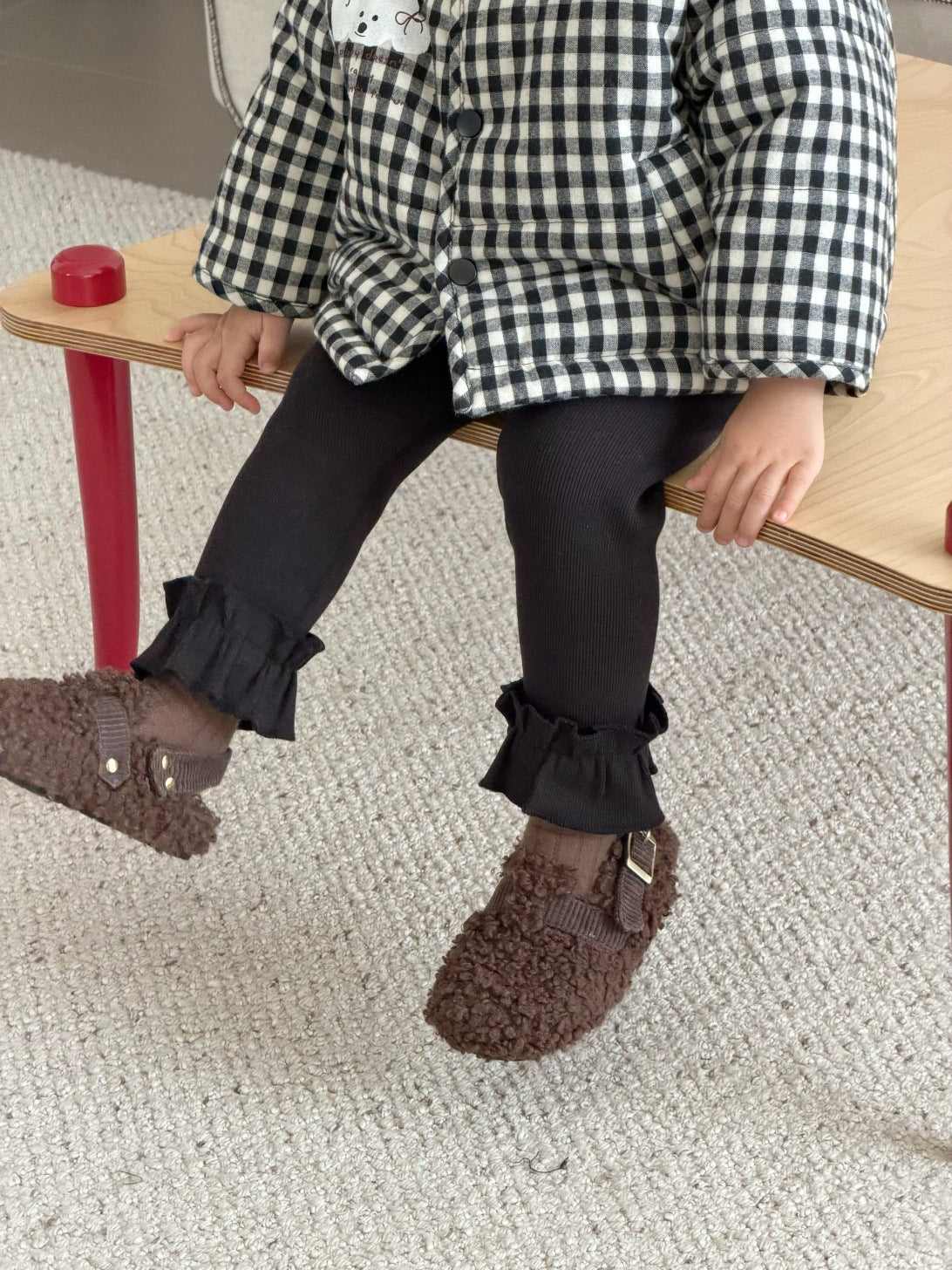 長袖セットアップ Velvet leggings / 73cm チェック中綿ジャケット/長袖フリースTシャツ/フリルレギンスパンツ【mh0011933】