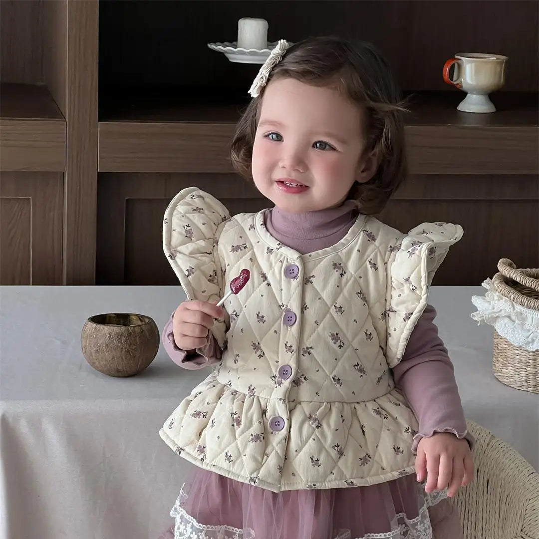 長袖セットアップ vest / 9M  73CM ベビートップス/ベスト/パンツ 長袖シンプルTシャツ/ショルダーフリルキルティングペプラムベスト/シンプルレギンスパンツ【mh0007817】