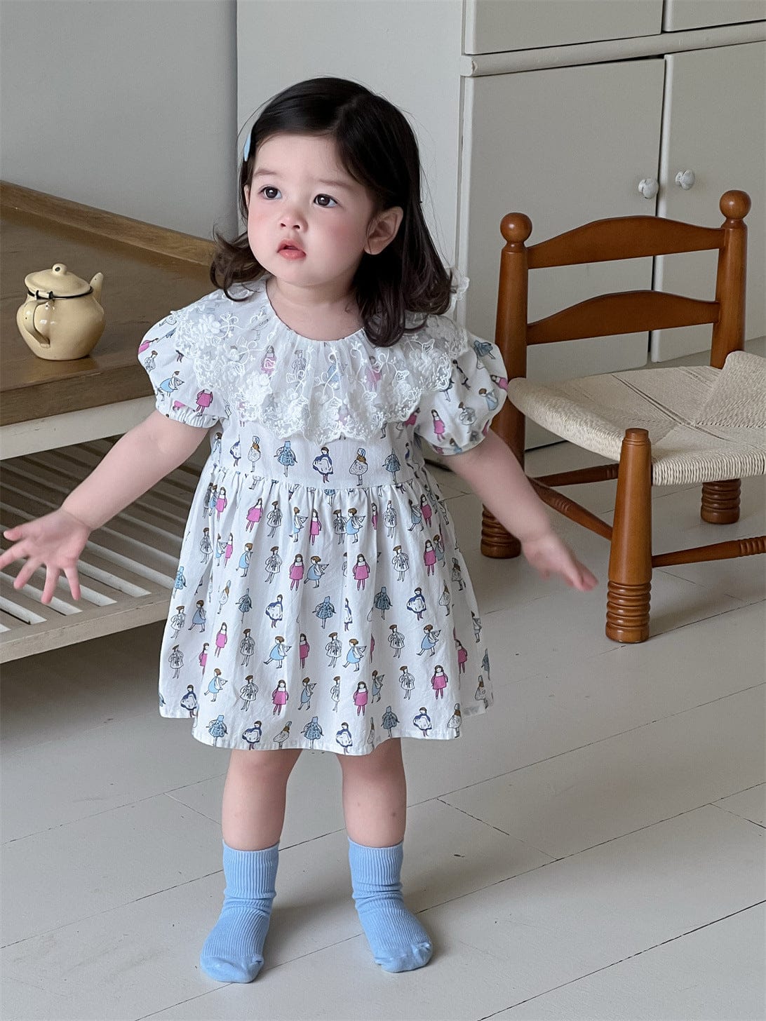 半袖ワンピース White / 66cm レースラッフル襟プリント半袖ガーリーワンピース【mh0009917】